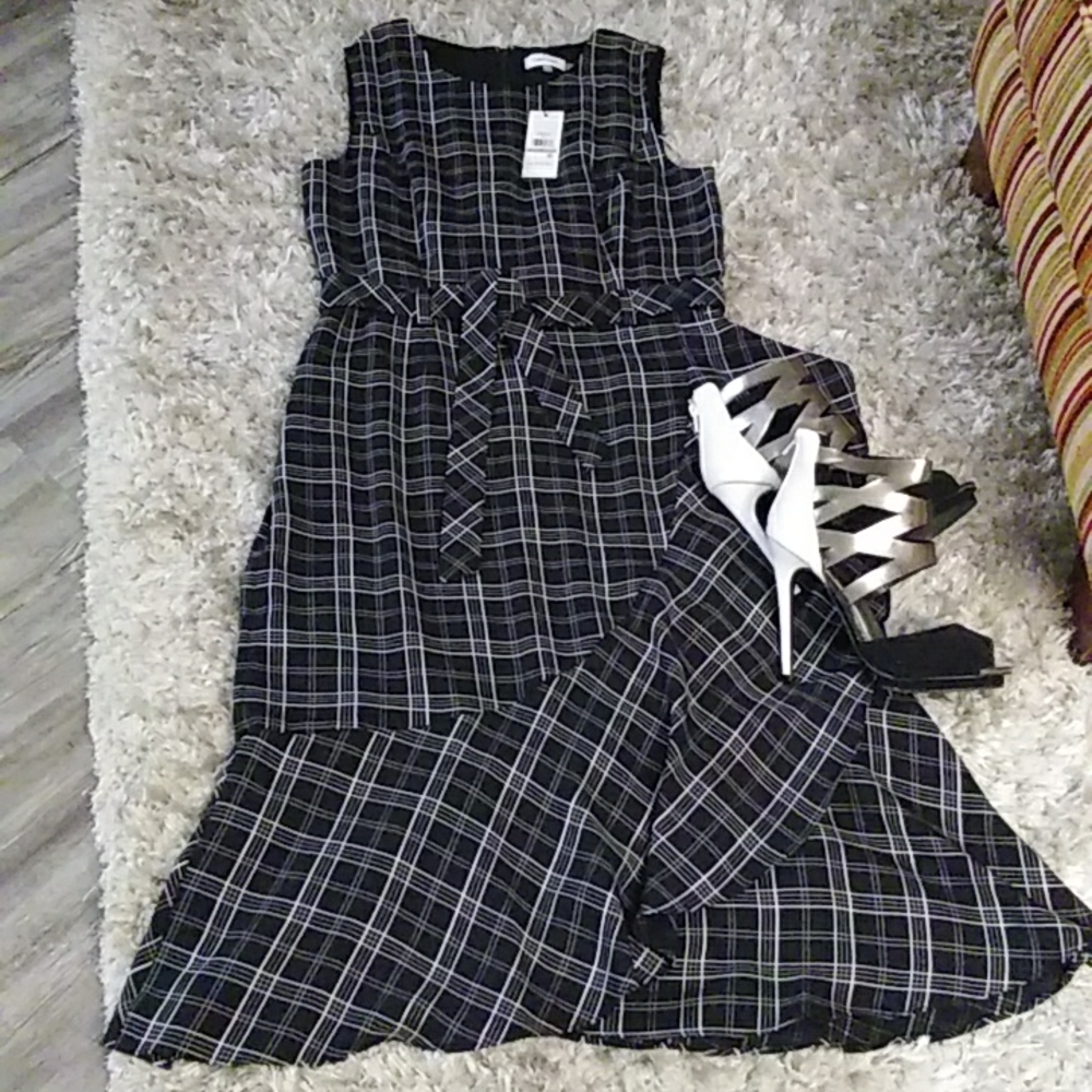 Calvin Klein faux wrap ruffle trim dress.